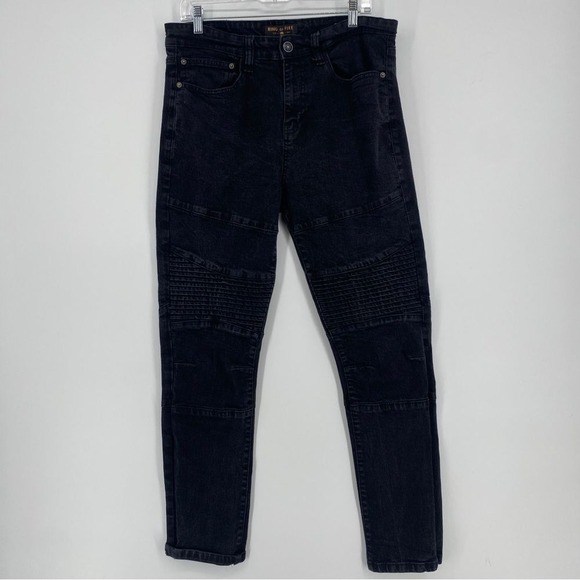 Ring of‎ Fire Jeans 34X30 Slim Fit Stretch Stacked Moto Biker Faded Black Denim - Picture 1 of 12